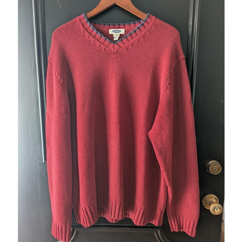 Vtg 90s Old Navy Sweater Red V-Neck Shaker Knit Long Sleeve XXL Classic Preppy